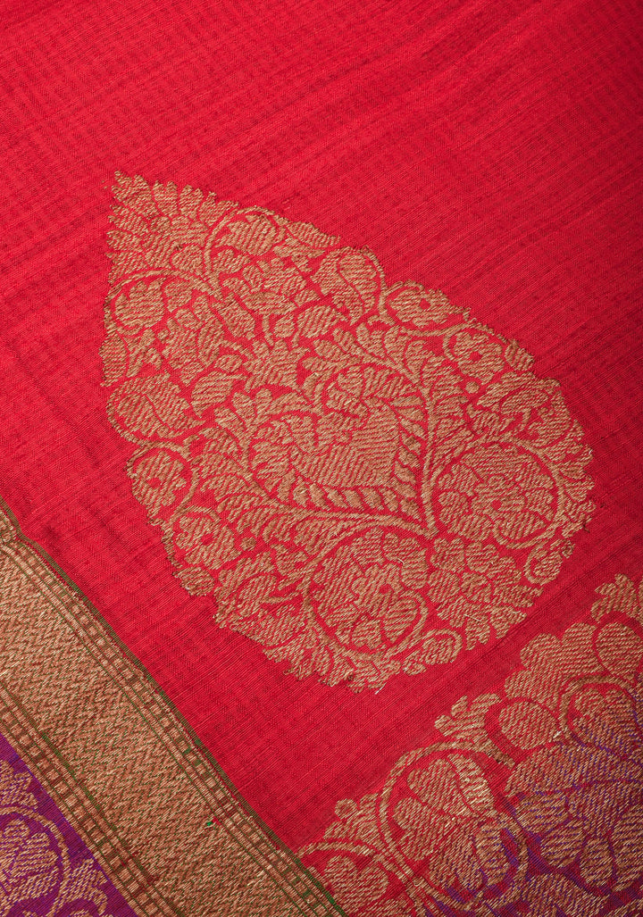 Carmine Red Dupion Banarasi Silk Saree with Two Tone Border | SILK MARK CERTIFIED
