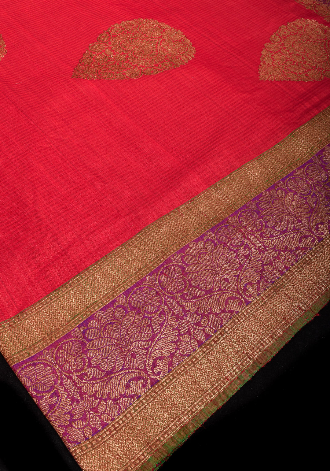Carmine Red Dupion Banarasi Silk Saree with Two Tone Border | SILK MARK CERTIFIED