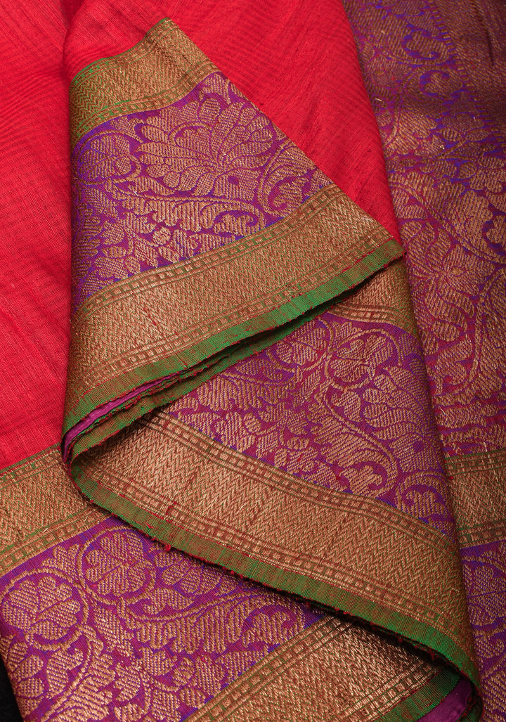 Carmine Red Dupion Banarasi Silk Saree with Two Tone Border | SILK MARK CERTIFIED