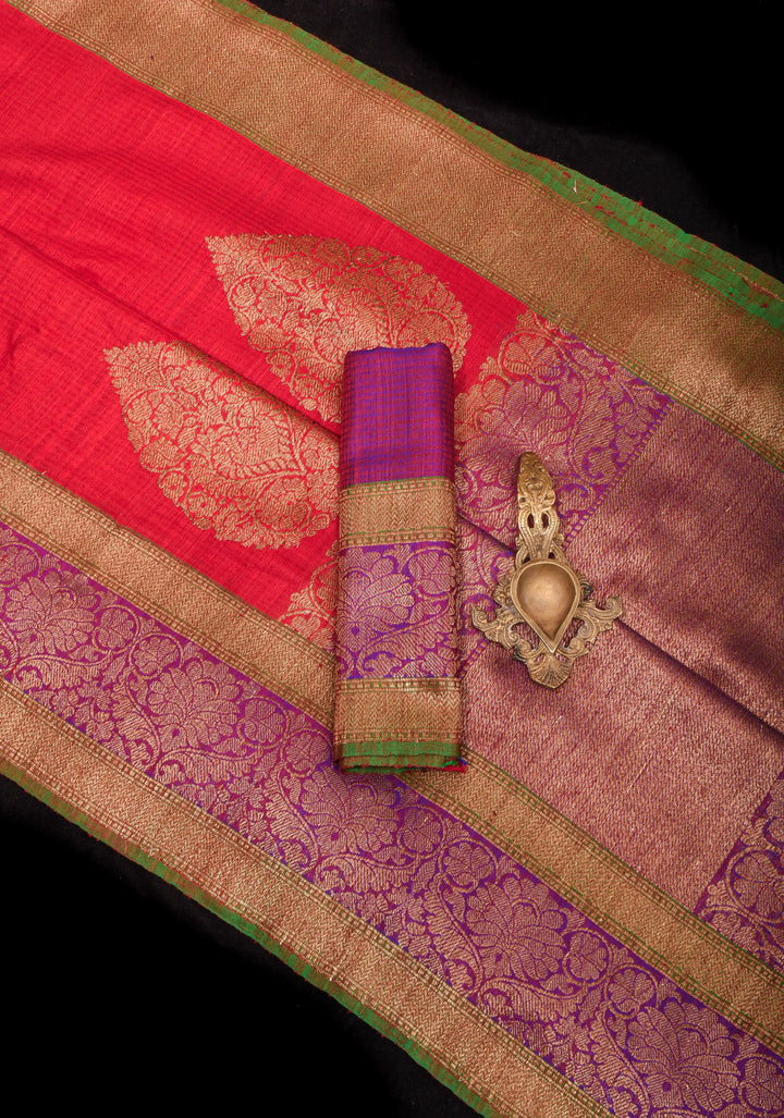 Carmine Red Dupion Banarasi Silk Saree with Two Tone Border | SILK MARK CERTIFIED