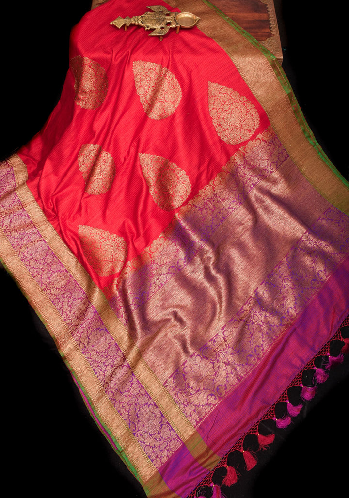 Carmine Red Dupion Banarasi Silk Saree with Two Tone Border | SILK MARK CERTIFIED
