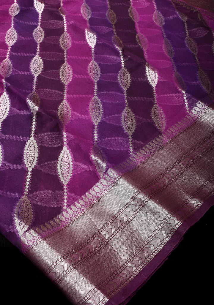 Leheria  Organza Silk Saree in Zari diagonal lines with buttas and Zari Border| SILK MARK CERTIFIED