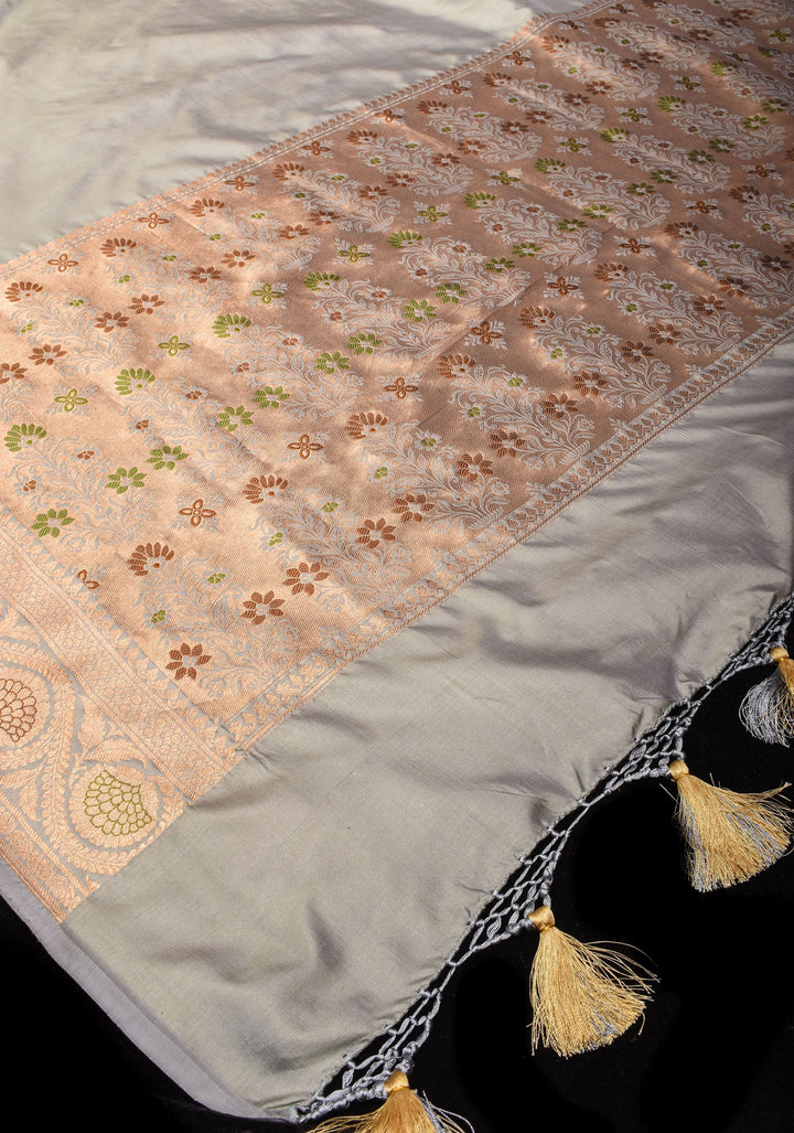 Gray Banarasi Katan Silk Saree with Meenakari Floral border and Pallu | SILK MARK CERTIFIED