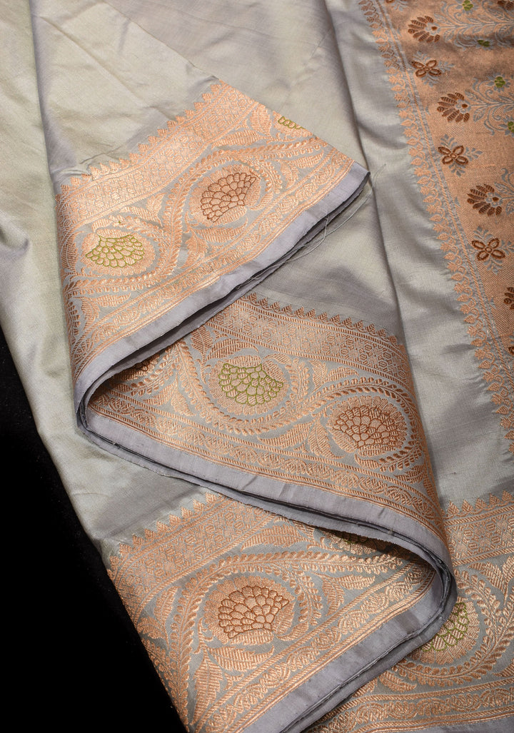 Gray Banarasi Katan Silk Saree with Meenakari Floral border and Pallu | SILK MARK CERTIFIED