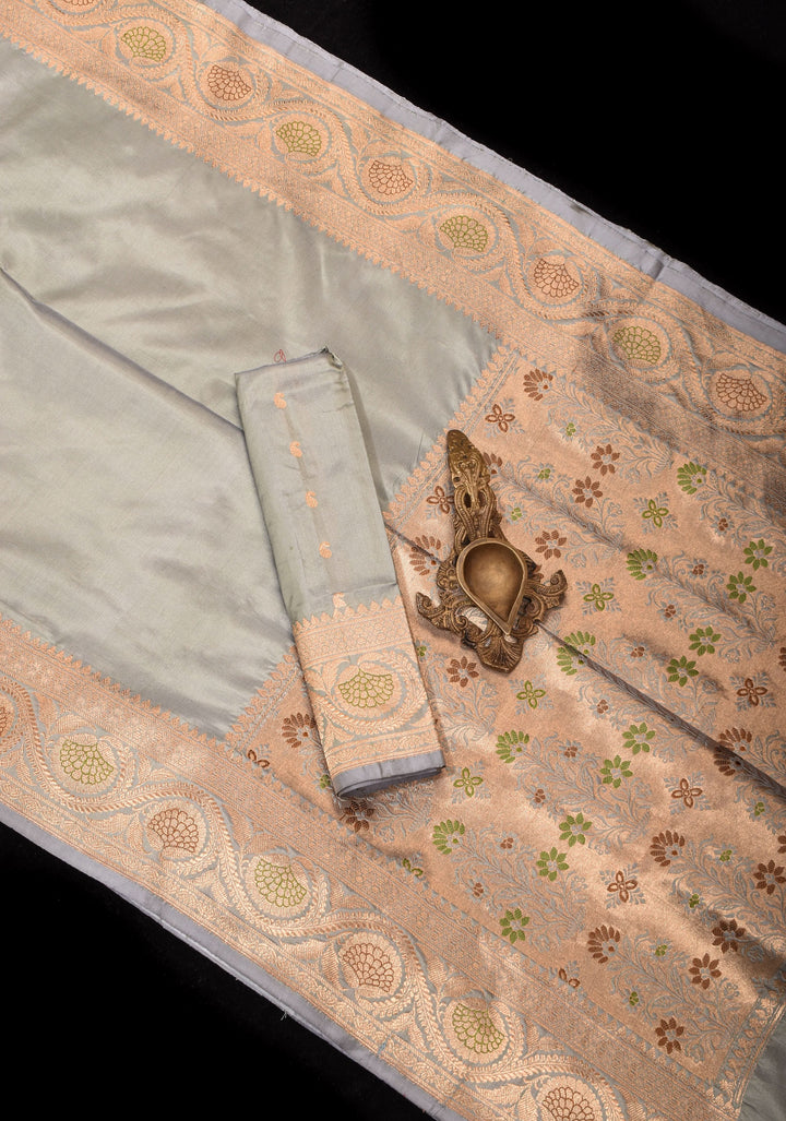 Gray Banarasi Katan Silk Saree with Meenakari Floral border and Pallu | SILK MARK CERTIFIED