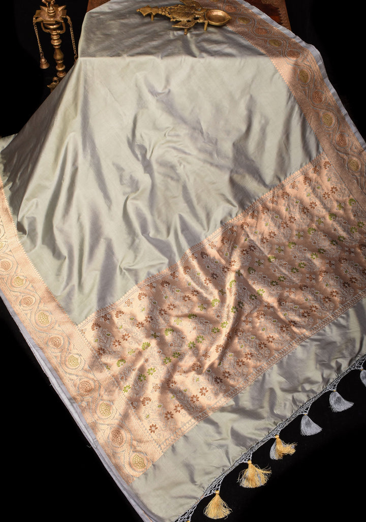 Gray Banarasi Katan Silk Saree with Meenakari Floral border and Pallu | SILK MARK CERTIFIED