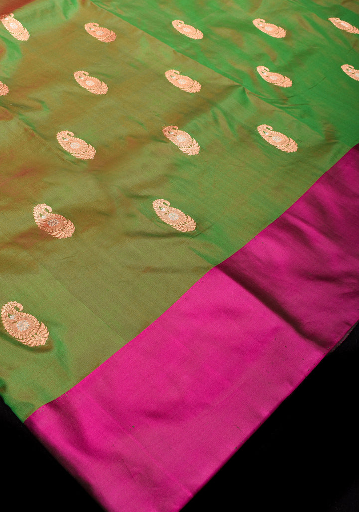 Green-red Dual Tone Banarasi Katan Silk Lightweight Saree with Alfi Paisley Buttas and Self Border| SILK MARK CERTIFIED