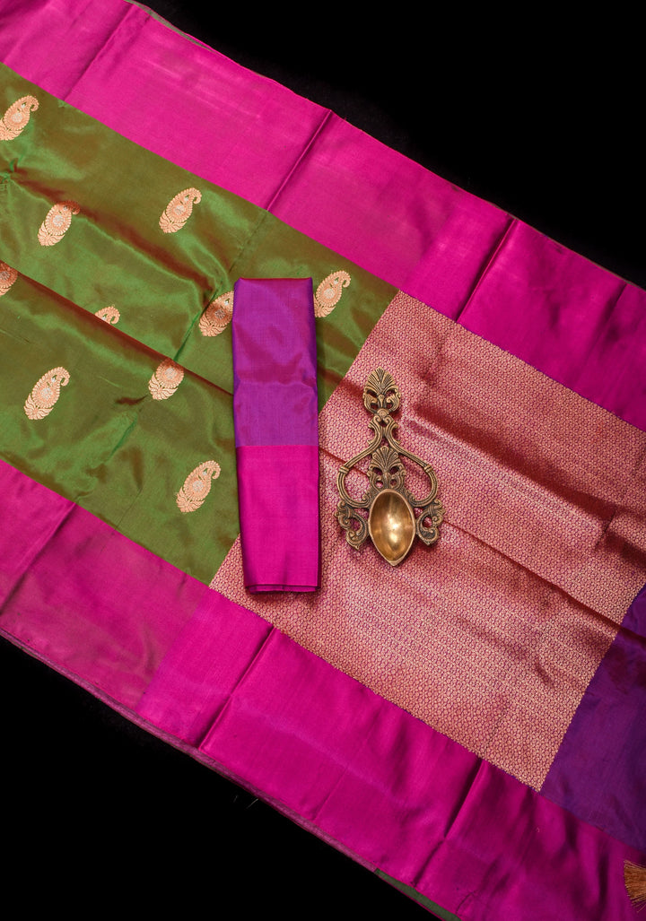 Green-red Dual Tone Banarasi Katan Silk Lightweight Saree with Alfi Paisley Buttas and Self Border| SILK MARK CERTIFIED