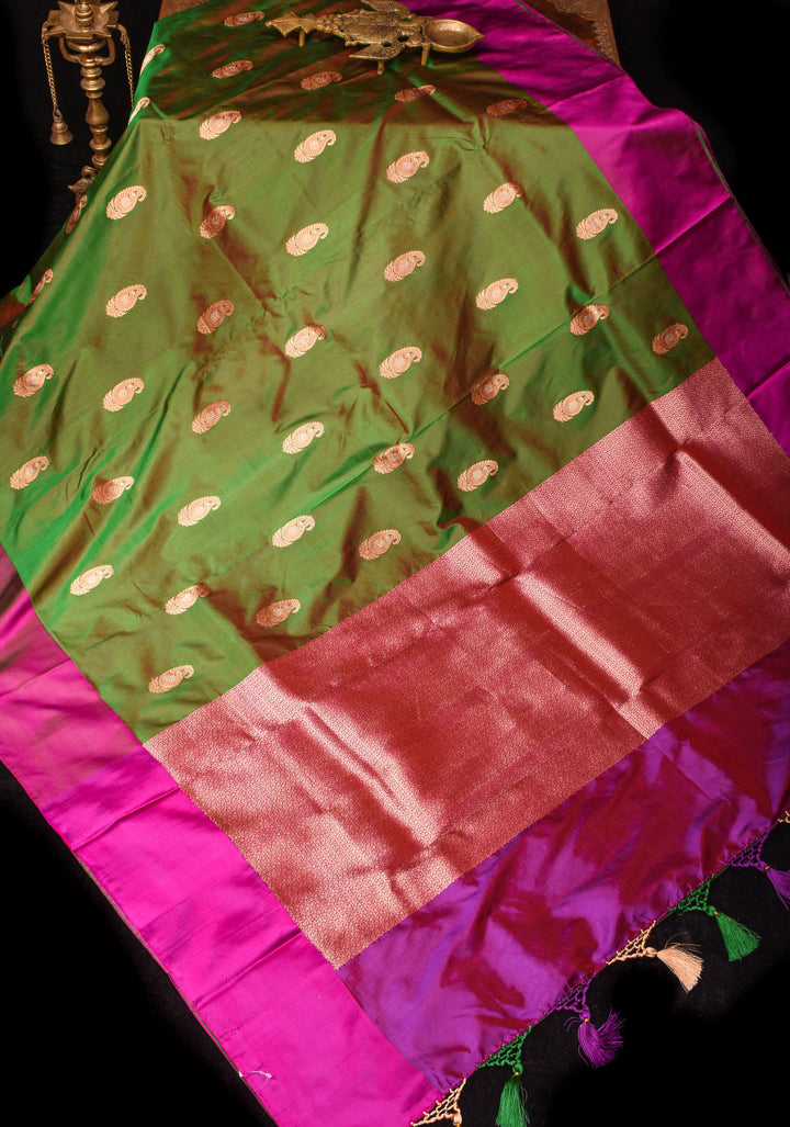 Green-red Dual Tone Banarasi Katan Silk Lightweight Saree with Alfi Paisley Buttas and Self Border| SILK MARK CERTIFIED