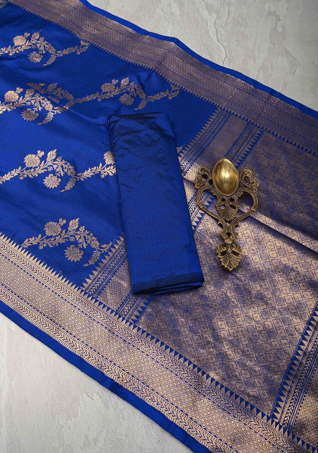 Exquisite Half Jaal half buti Banarasi Katan Silk Saree in Cobalt Blue with Kadhuwa Weave | SILK MARK CERTIFIED