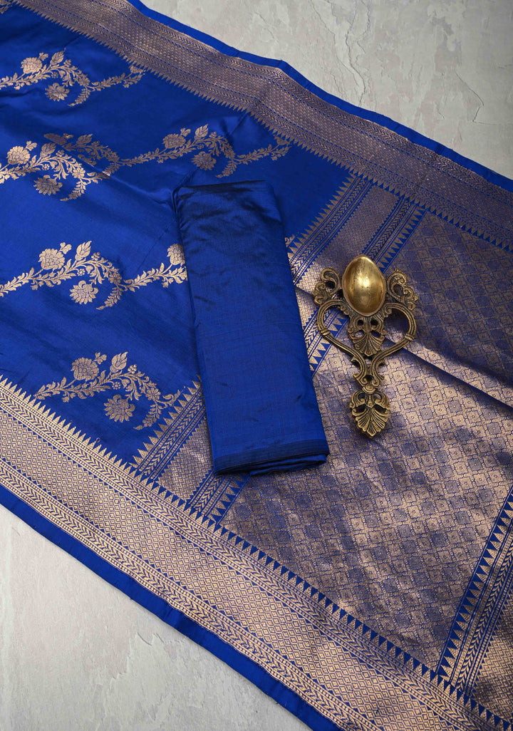 Exquisite Half Jaal half buti Banarasi Katan Silk Saree in Cobalt Blue with Kadhuwa Weave | SILK MARK CERTIFIED