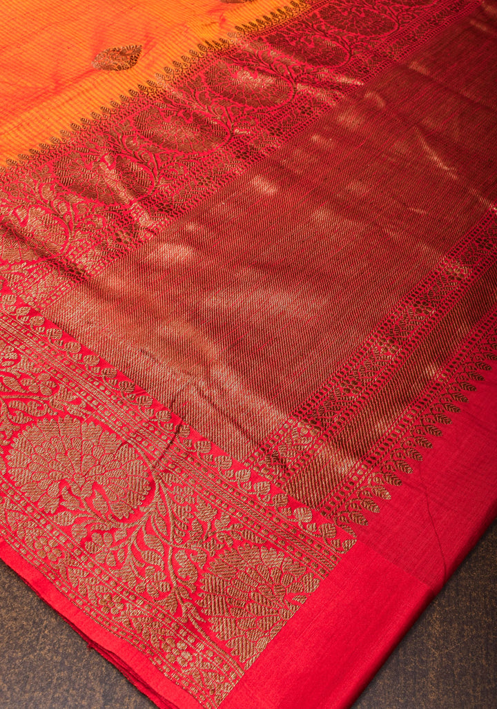 Mustard Red Dupion Banarasi Silk Saree with Antique Zari and Red Borders, SILK MARK CERTIFIED