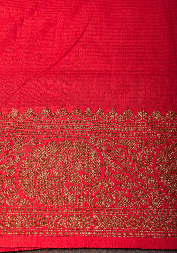 Mustard Red Dupion Banarasi Silk Saree with Antique Zari and Red Borders, SILK MARK CERTIFIED