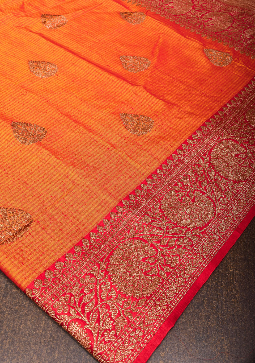 Mustard Red Dupion Banarasi Silk Saree with Antique Zari and Red Borders, SILK MARK CERTIFIED