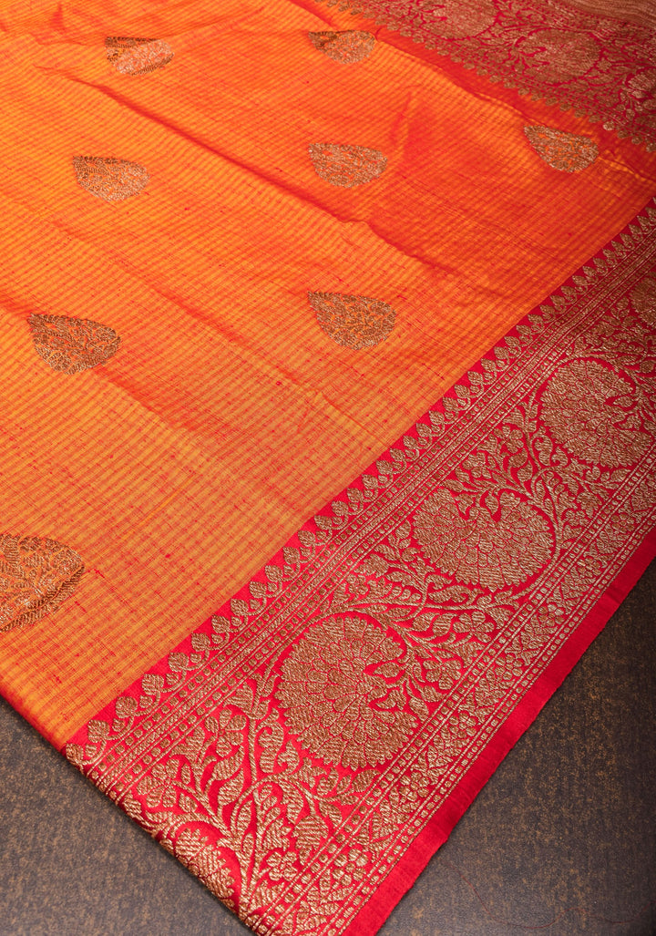 Mustard Red Dupion Banarasi Silk Saree with Antique Zari and Red Borders, SILK MARK CERTIFIED