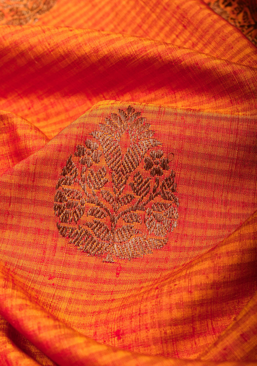 Mustard Red Dupion Banarasi Silk Saree with Antique Zari and Red Borders, SILK MARK CERTIFIED