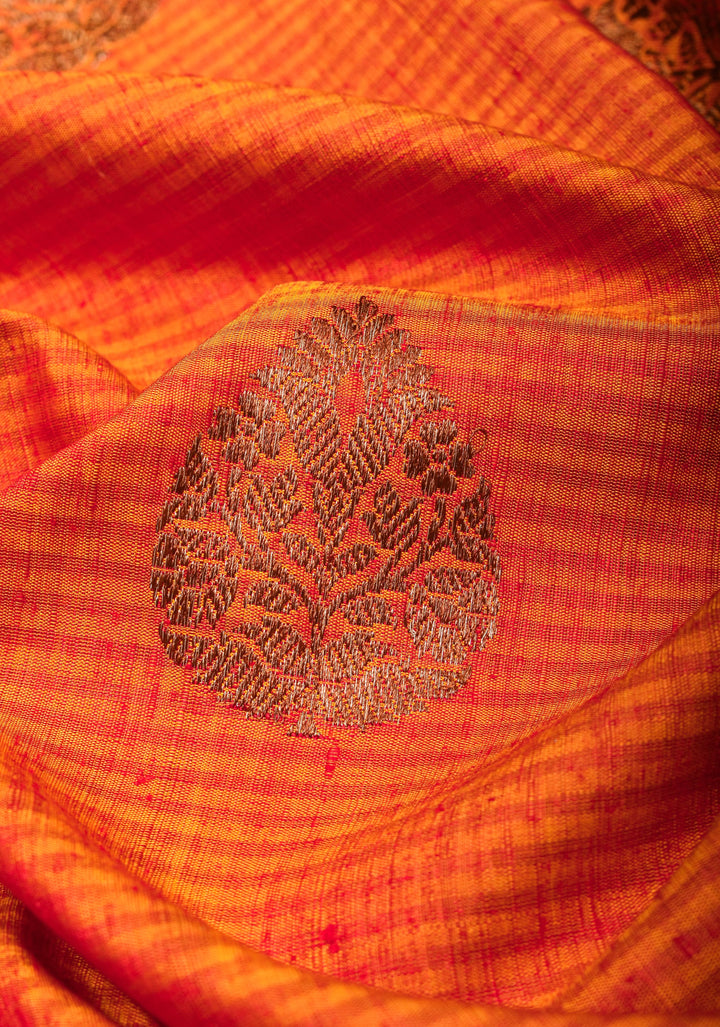 Mustard Red Dupion Banarasi Silk Saree with Antique Zari and Red Borders, SILK MARK CERTIFIED