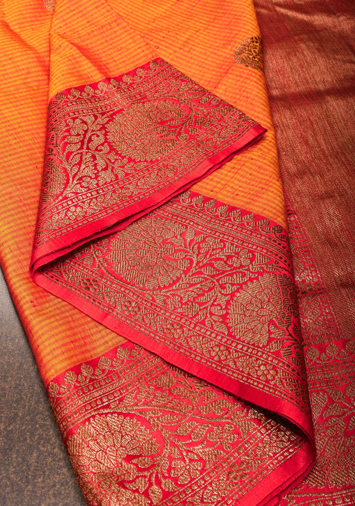 Mustard Red Dupion Banarasi Silk Saree with Antique Zari and Red Borders, SILK MARK CERTIFIED