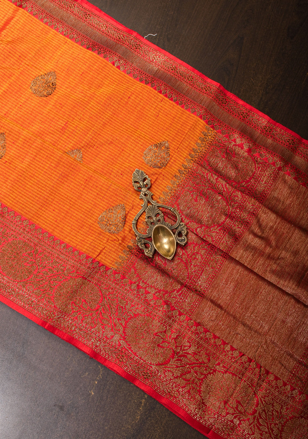 Mustard Red Dupion Banarasi Silk Saree with Antique Zari and Red Borders, SILK MARK CERTIFIED