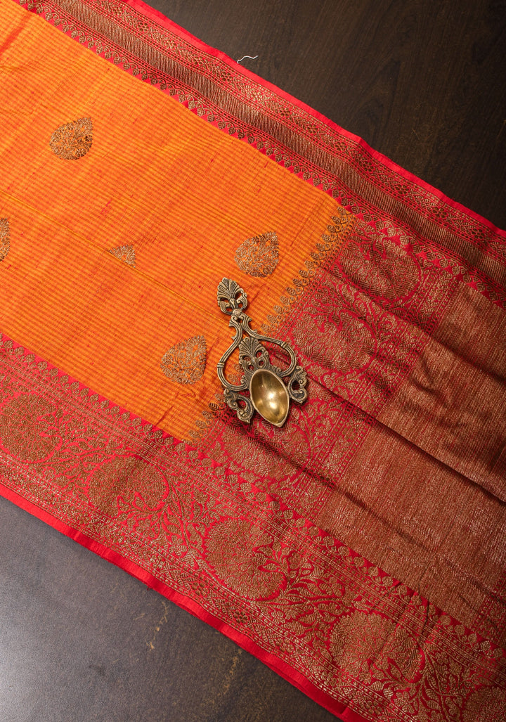 Mustard Red Dupion Banarasi Silk Saree with Antique Zari and Red Borders, SILK MARK CERTIFIED