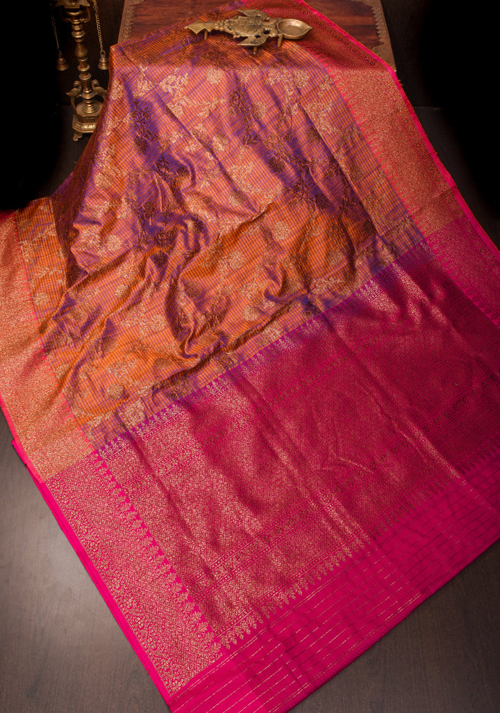 Orange Dual tone Dupion Banarasi Silk Saree with kadhua Antique zari jaal |SILK MARK CERTIFIED