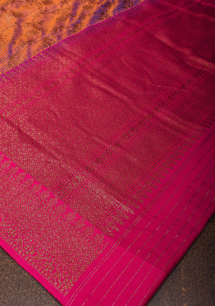 Orange Dual tone Dupion Banarasi Silk Saree with kadhua Antique zari jaal |SILK MARK CERTIFIED