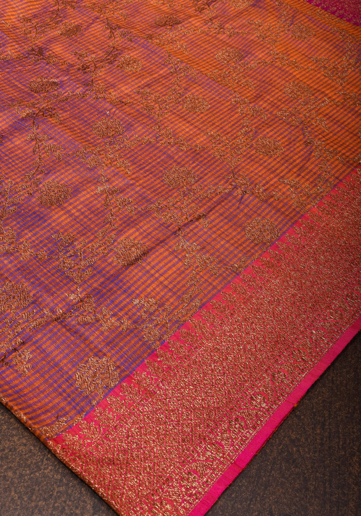 Orange Dual tone Dupion Banarasi Silk Saree with kadhua Antique zari jaal |SILK MARK CERTIFIED