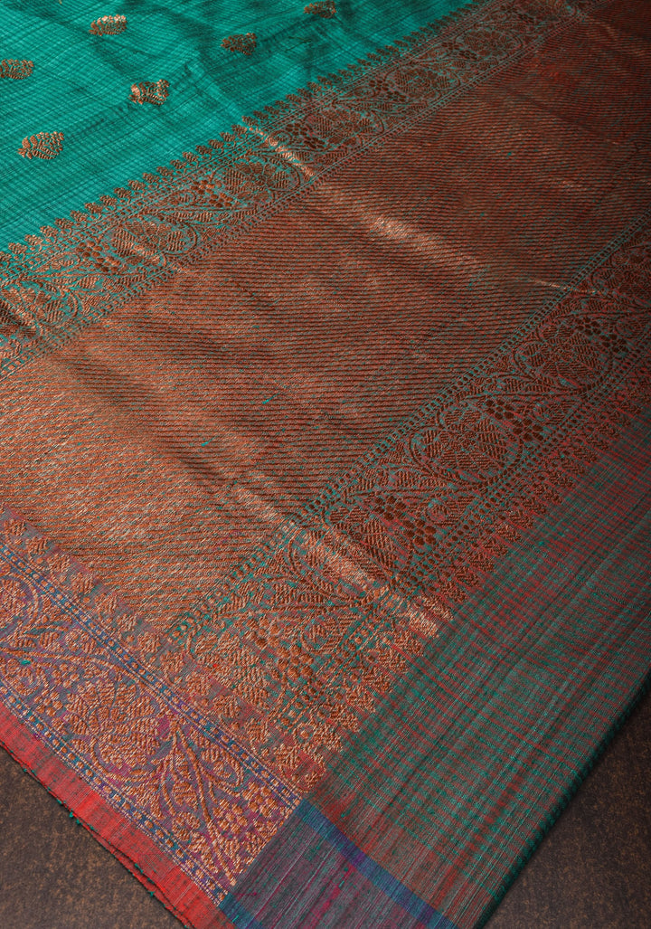 Rama Green Dupion Banarasi Silk Saree with short width borders |CERTIFIED SILK