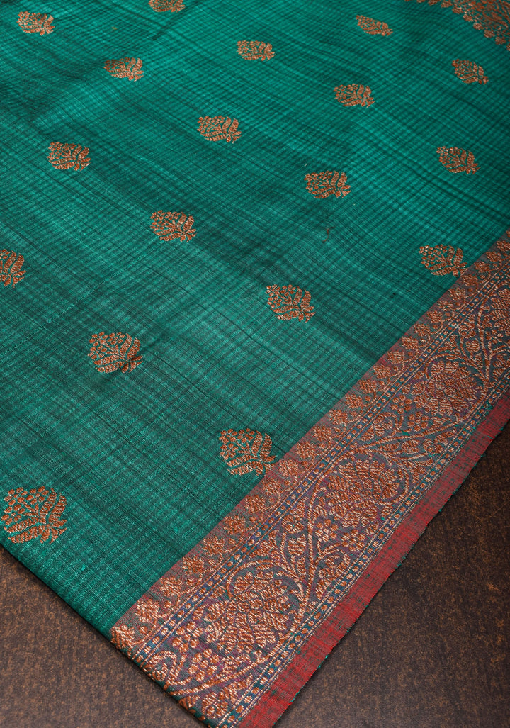 Rama Green Dupion Banarasi Silk Saree with short width borders |CERTIFIED SILK