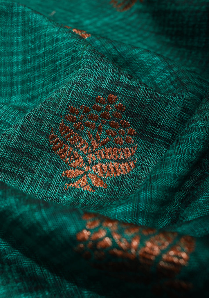 Rama Green Dupion Banarasi Silk Saree with short width borders |CERTIFIED SILK