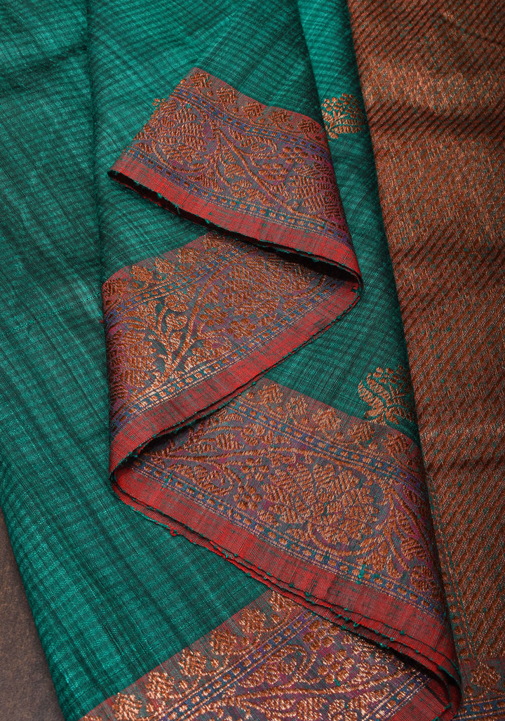 Rama Green Dupion Banarasi Silk Saree with short width borders |CERTIFIED SILK