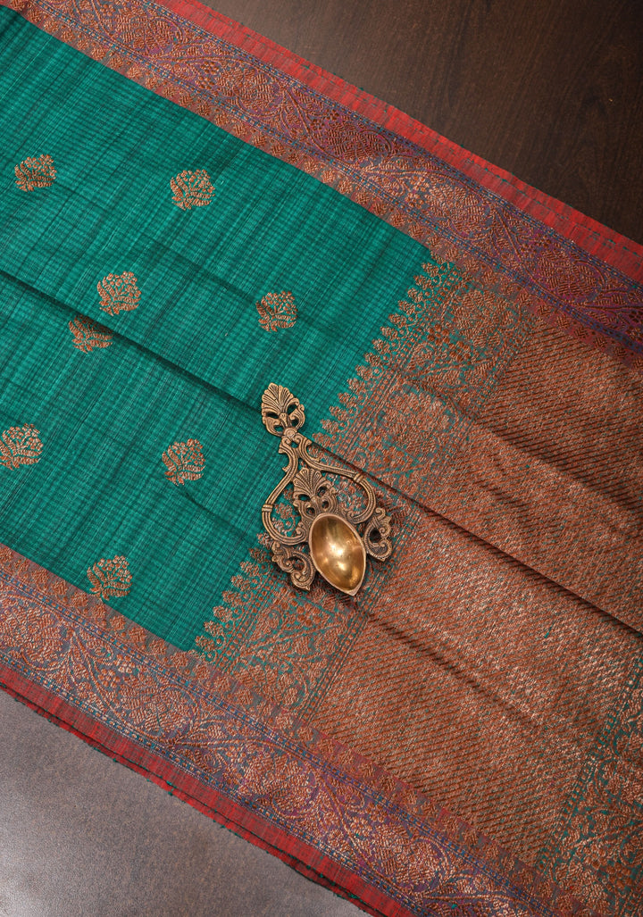 Rama Green Dupion Banarasi Silk Saree with short width borders |CERTIFIED SILK