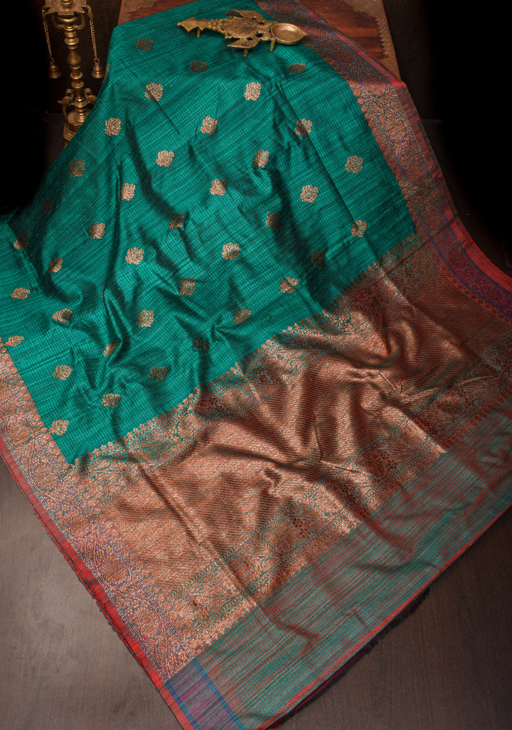 Rama Green Dupion Banarasi Silk Saree with short width borders |CERTIFIED SILK