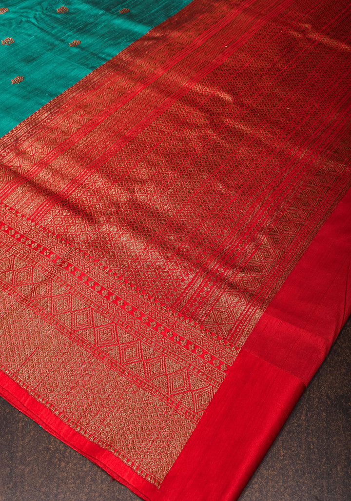 Teal Zari Buttas Pure Banarasi Raw Silk Saree|CERTIFIED SILK