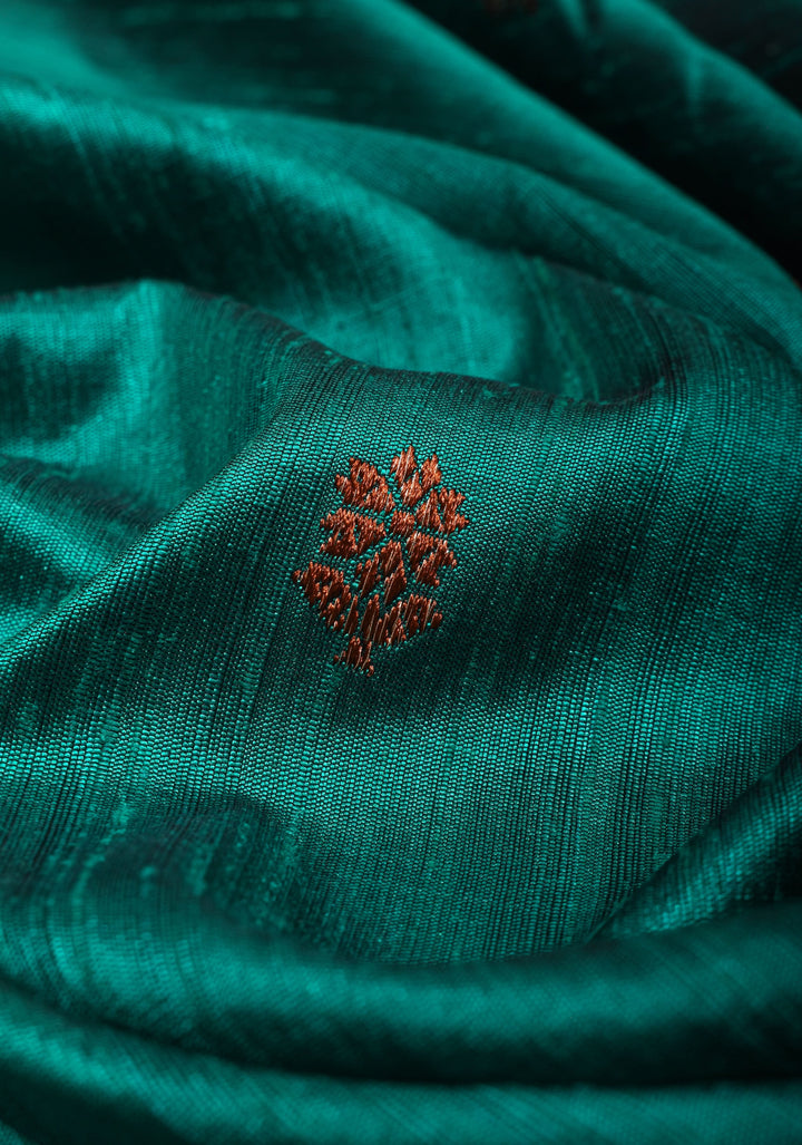 Teal Zari Buttas Pure Banarasi Raw Silk Saree|CERTIFIED SILK