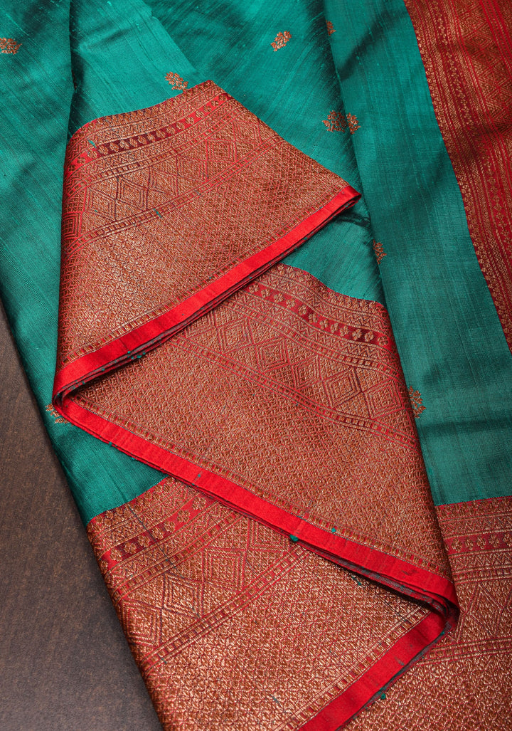Teal Zari Buttas Pure Banarasi Raw Silk Saree|CERTIFIED SILK