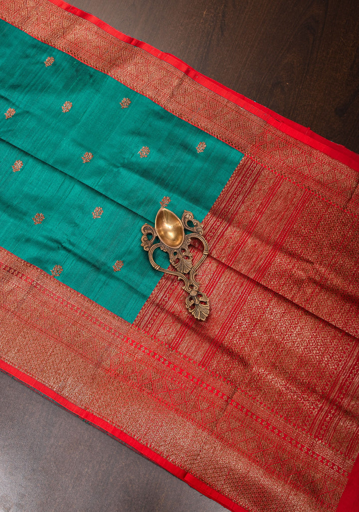 Teal Zari Buttas Pure Banarasi Raw Silk Saree|CERTIFIED SILK
