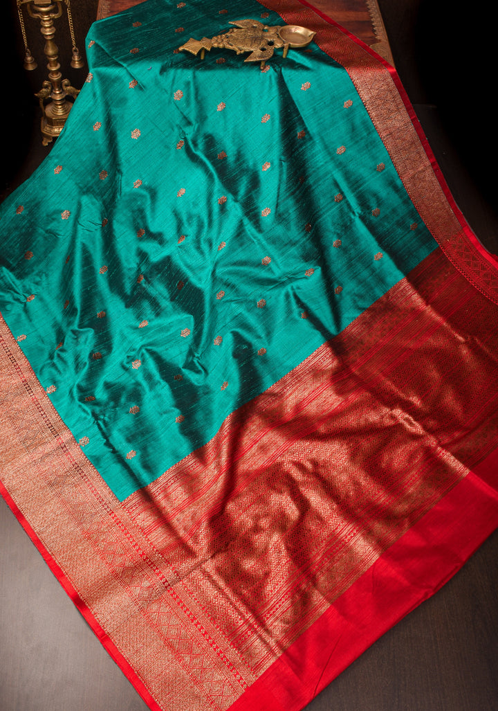 Teal Zari Buttas Pure Banarasi Raw Silk Saree|CERTIFIED SILK