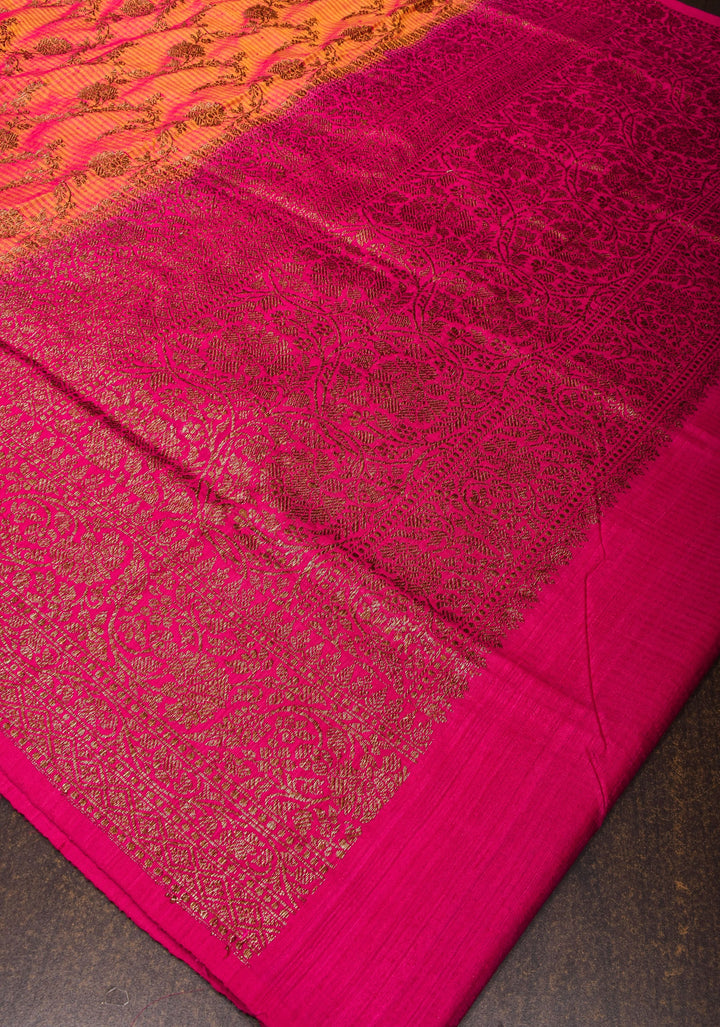 Light Orange Pink dual tone Dupion Banarasi Silk Saree with Antique Zari Floral Jaal | SILK MARK CERTIFIED