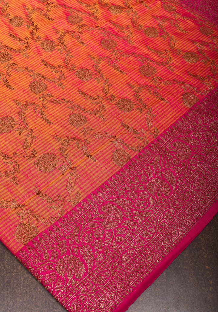 Light Orange Pink dual tone Dupion Banarasi Silk Saree with Antique Zari Floral Jaal | SILK MARK CERTIFIED