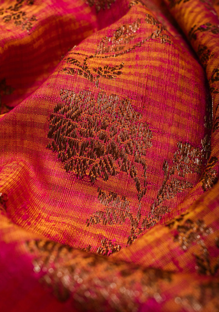 Light Orange Pink dual tone Dupion Banarasi Silk Saree with Antique Zari Floral Jaal | SILK MARK CERTIFIED