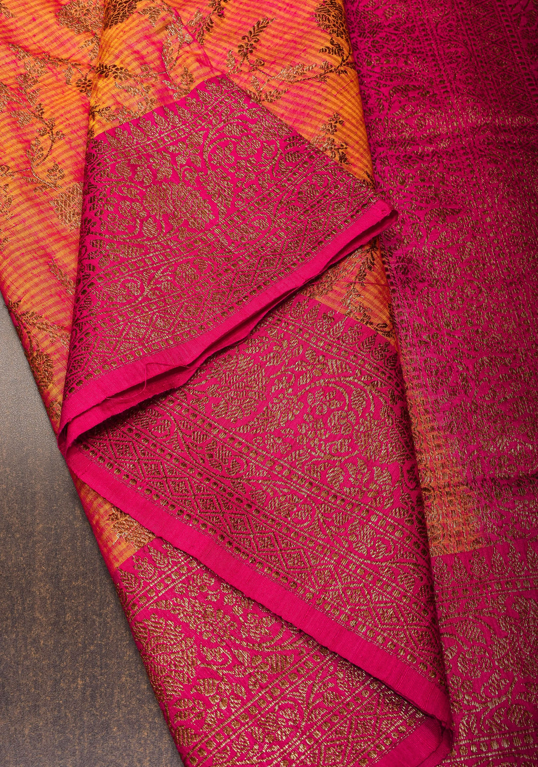 Light Orange Pink dual tone Dupion Banarasi Silk Saree with Antique Zari Floral Jaal | SILK MARK CERTIFIED