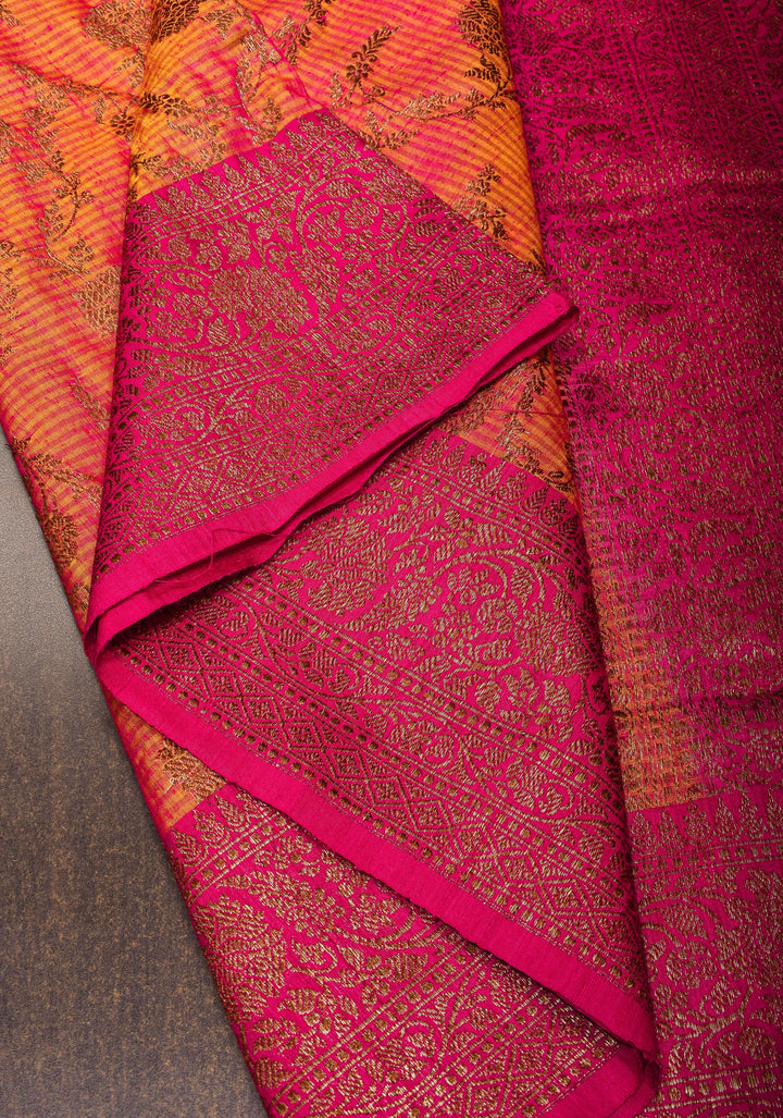 Light Orange Pink dual tone Dupion Banarasi Silk Saree with Antique Zari Floral Jaal | SILK MARK CERTIFIED