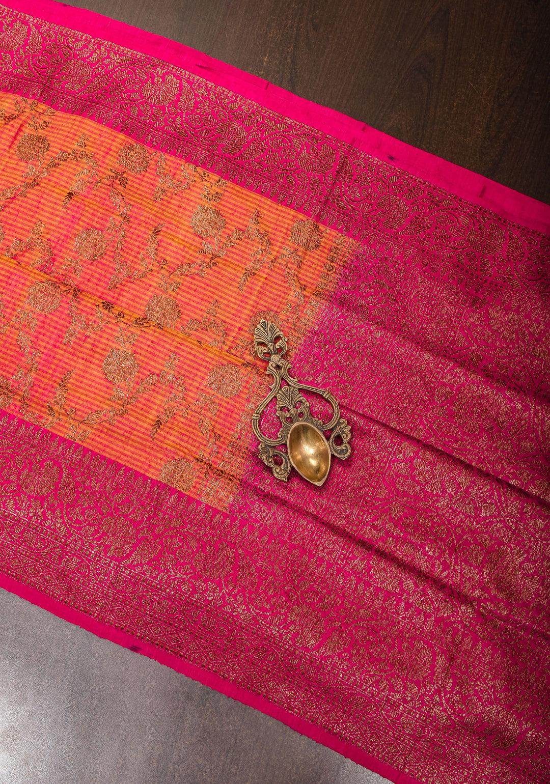 Light Orange Pink dual tone Dupion Banarasi Silk Saree with Antique Zari Floral Jaal | SILK MARK CERTIFIED