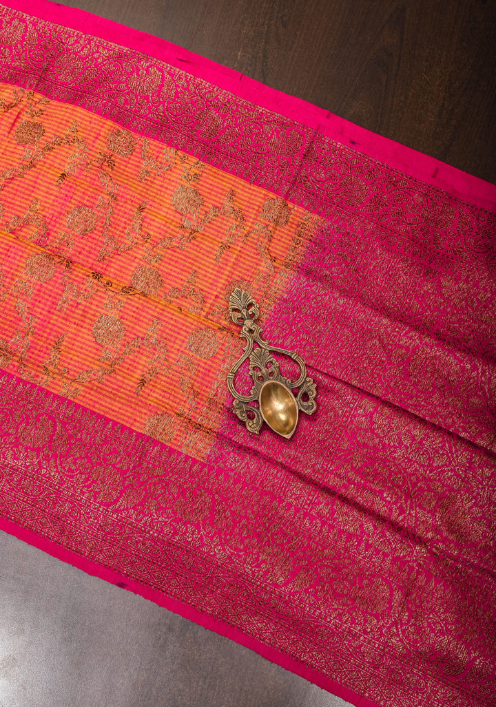 Light Orange Pink dual tone Dupion Banarasi Silk Saree with Antique Zari Floral Jaal | SILK MARK CERTIFIED