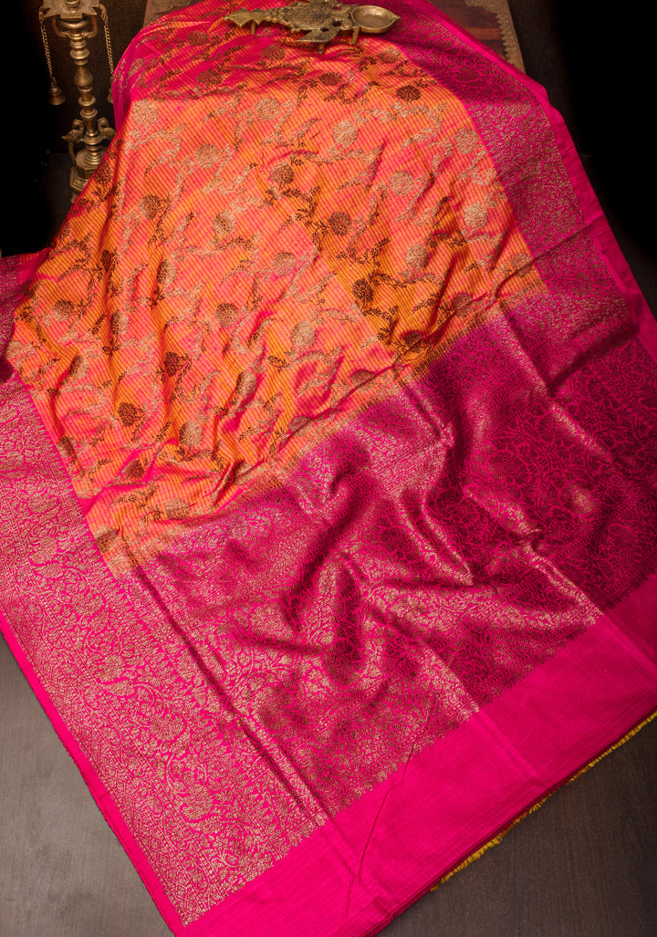 Light Orange Pink dual tone Dupion Banarasi Silk Saree with Antique Zari Floral Jaal | SILK MARK CERTIFIED