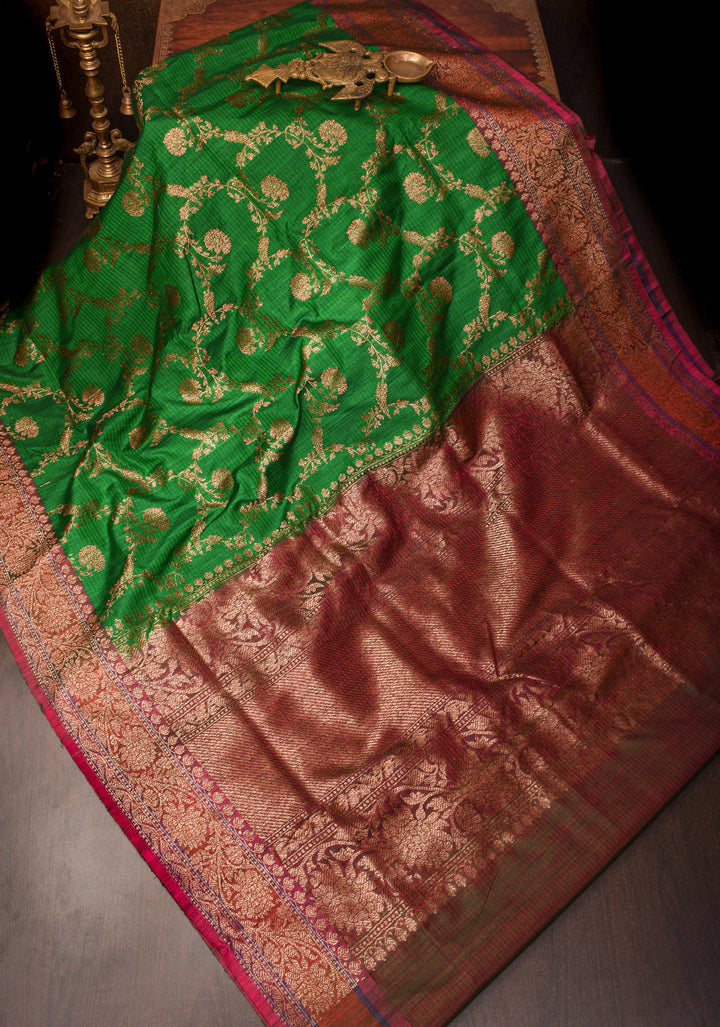 Green Dupion Banarasi Silk Saree with Antique Zari Floral Jaal | SILK MARK CERTIFIED