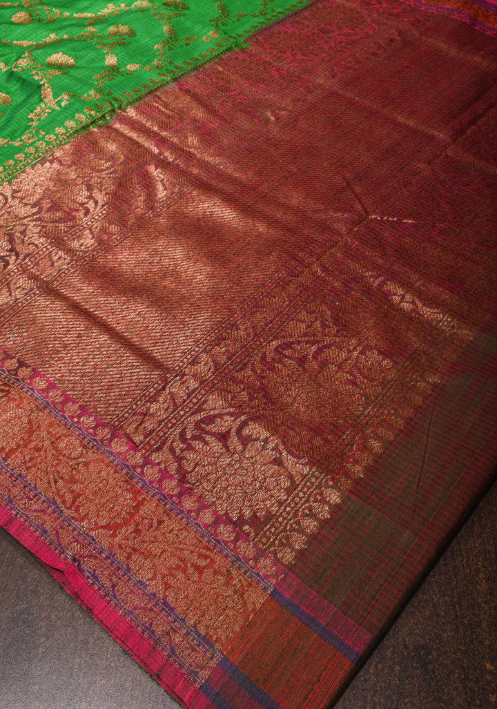Green Dupion Banarasi Silk Saree with Antique Zari Floral Jaal | SILK MARK CERTIFIED
