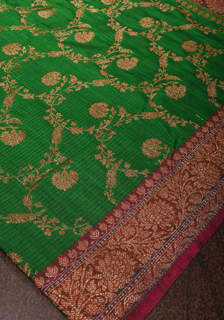 Green Dupion Banarasi Silk Saree with Antique Zari Floral Jaal | SILK MARK CERTIFIED
