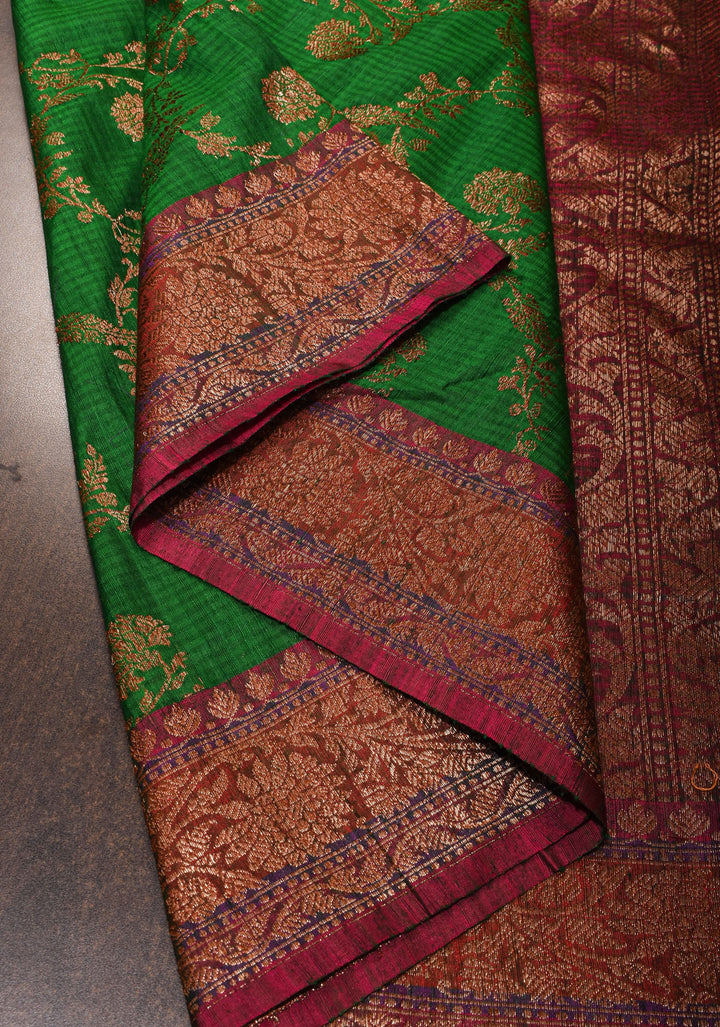 Green Dupion Banarasi Silk Saree with Antique Zari Floral Jaal | SILK MARK CERTIFIED